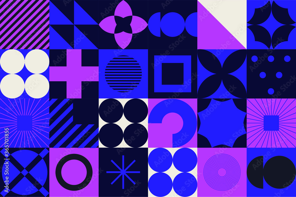 Aufkleber Modern geometric seamless pattern with bold simple shapes in Bauhaus and Neo-memphis retrofuturistic style. Trendy vivid fashion print with minimal composition.