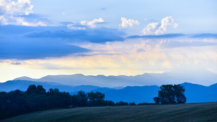 Landscape painted blue at first light of dawn. Image and concept of serenity, peace and meditation