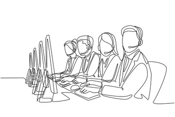 One single line drawing group of male and female customer service team members answer complaint phone call from clients kindly. Call center concept continuous line draw design vector illustration