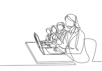 One continuous line drawing group of male and female call center team members answer complain phone call from clients kindly. Customer service concept single line draw design vector illustration