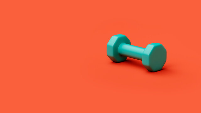 green dumbbell isolated on a red background, template or wallpaper, postcard, 3D rendering