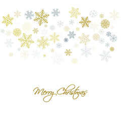 Fototapeta premium Christmas snowflakes background with place for text. Winter gold and silver snow minimal frame decoration on white, greeting card. New Year Holidays subtle backdrop. Vector illustration 