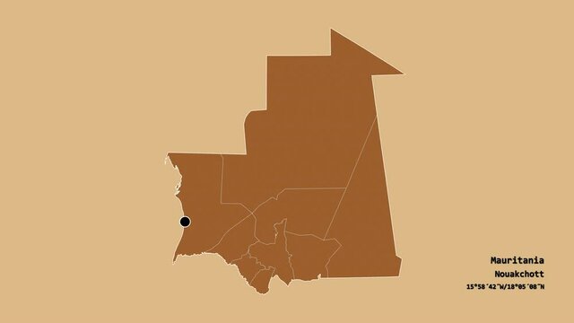 Hodh ech Chargui, region of Mauritania, with its capital, localized, outlined and zoomed with informative overlays on a solid patterned map in the Stereographic projection. Animation 3D
