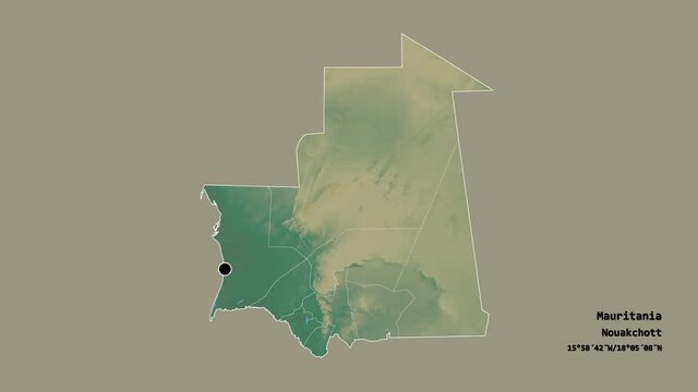 Hodh ech Chargui, region of Mauritania, with its capital, localized, outlined and zoomed with informative overlays on a relief map in the Stereographic projection. Animation 3D
