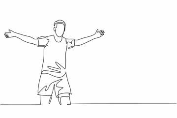 Single continuous line drawing of young sporty football player running around the stadium and spreading his arm on field. Match soccer goal celebration concept one line draw design vector illustration
