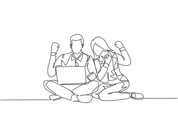 Fototapeta na wymiar One single line drawing of young happy couple sitting on the floor while opening laptop to read business annual report. Business celebration concept continuous line draw design vector illustration