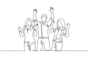 Wall murals One line Single continuous line drawing of young happy female and male workers prancing with joy at the office room together. Business teamwork celebration concept one line draw design vector illustration