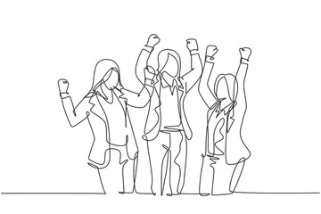 One continuous line drawing of young happy businesswomen prancing with joy at the meeting room together. Business teamwork celebration concept single line draw graphic design vector illustration