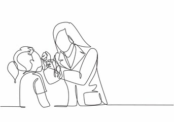 One single line drawing of young happy female dentist examining and do filling tooth to the young beautiful girl patient. Teeth treatment care concept continuous line draw design vector illustration