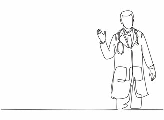 Single continuous line drawing of young happy male doctor giving warm welcome greeting gesture to the patients. Medical health care service workers concept one line draw design vector illustration