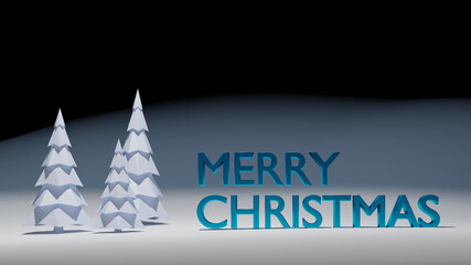 Merry Christmas greeting card. Simple low poly illustration with white trees and blue text, placed on snow land. Simple retro design, 3D render.