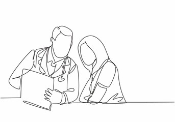 One continuous line drawing of young male doctor giving consultation session to female patient while reading medical record. Hospital health care concept single line draw design vector illustration