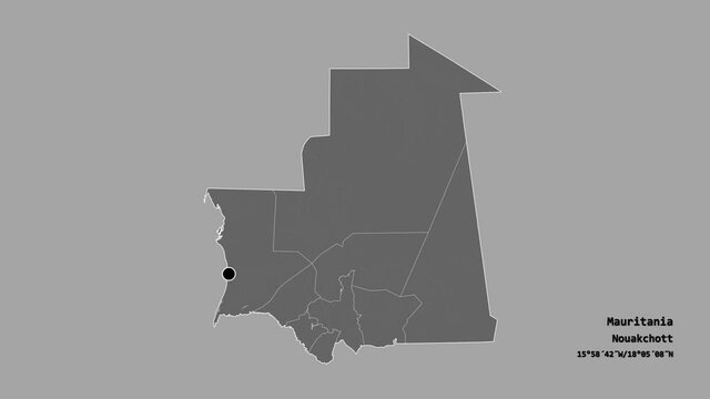 Tagant, region of Mauritania, with its capital, localized, outlined and zoomed with informative overlays on a bilevel map in the Stereographic projection. Animation 3D