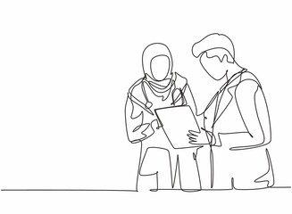 One single line drawing of young male doctor discussing with female Arabic doctor while standing at the hospital hallway. Medical health care concept continuous line draw design vector illustration