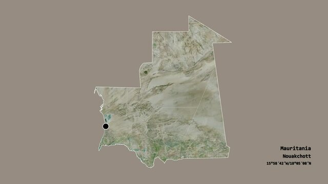 Tagant, region of Mauritania, with its capital, localized, outlined and zoomed with informative overlays on a satellite map in the Stereographic projection. Animation 3D