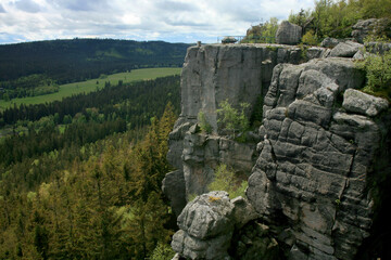 Rock formations in Szczeliniec Wielki in the Stolowe Mountains, the Sudeten range in Poland. The...