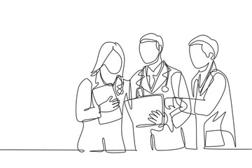 One continuous single line drawing of male and female doctors discussing patient health condition while reading the medical report. Medical checkup concept single line draw design vector illustration