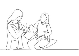 Single continuous single line drawing of young female doctor examining patient who complain about condition of her stomach at hospital. Medical checkup concept one line draw design vector illustration