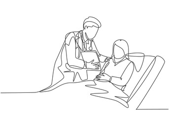 One single line drawing of young doctor show great result of medical record to the patient who laying at hospital bed. Medical health care concept continuous line draw design vector illustration
