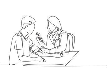 One continuous single line drawing of young female doctor check the patient's blood pressure and pulse rate at hospital. Medical check up healthcare concept single line draw design vector illustration