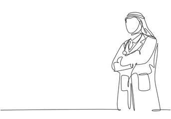 One single line drawing of young muslim Arabian doctor pose standing and put the hands cross in front of his chest. Medical health care service concept continuous line draw design vector illustration