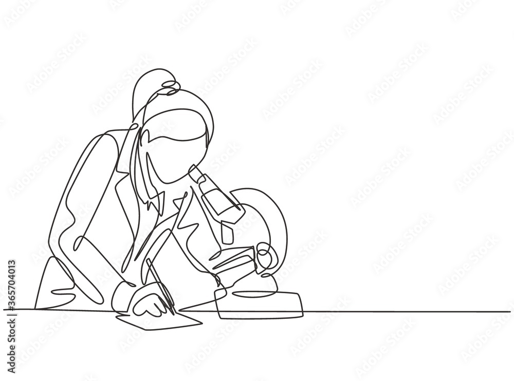 Poster one continuous line drawing of female scientist researching antibiotic formula using microscope to f