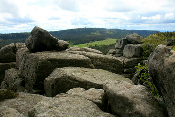 Rock formations in Szczeliniec Wielki in the Stolowe Mountains, the Sudeten range in Poland. The Stolowy Mountains National Park is a great tourist attraction