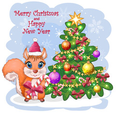 Cute cartoon squirrel with beautiful eyes in a Santa Claus hat with a Christmas gift, candy cane, ball near a decorated Christmas tree