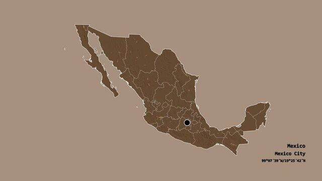 Aguascalientes, state of Mexico, with its capital, localized, outlined and zoomed with informative overlays on a administrative map in the Stereographic projection. Animation 3D