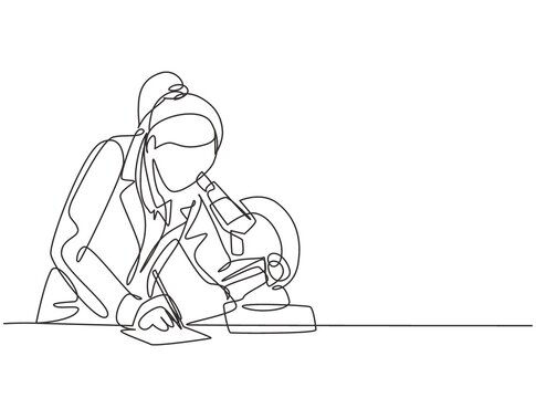One continuous line drawing of female scientist researching antibiotic formula using microscope to find covid vaccine. Coronavirus medical research concept single line draw design vector illustration