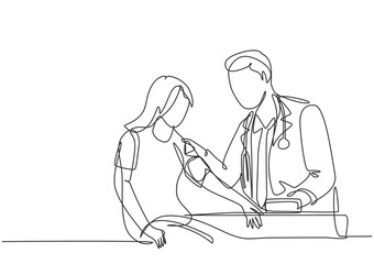 Obraz na płótnie Canvas Single continuous line drawing of young male doctor examining young woman patient pulse rate and blood pressure using tensiometer. Medical treatment concept one line draw design vector illustration