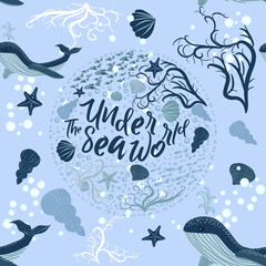 Naklejka premium seamless pattern with underwater animals, seaweed and corals. Repeated texture with sea cartoon characters.