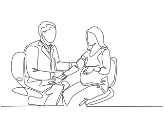 One single line drawing of male obstetrics and gynecology doctor checking the patient blood pressure and fetal condition. Pregnancy health care concept continuous line draw design vector illustration
