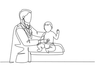 Single continuous line drawing of young male pediatric doctor examining heart beat cute toddler patient with stethoscope. Medical health care treatment concept one line draw design vector illustration