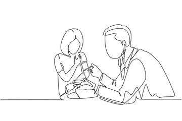 One single line drawing of male pediatric doctor giving vaccine injection to young beauty girl patient at hospital. Medical healthcare treatment concept continuous line draw design vector illustration