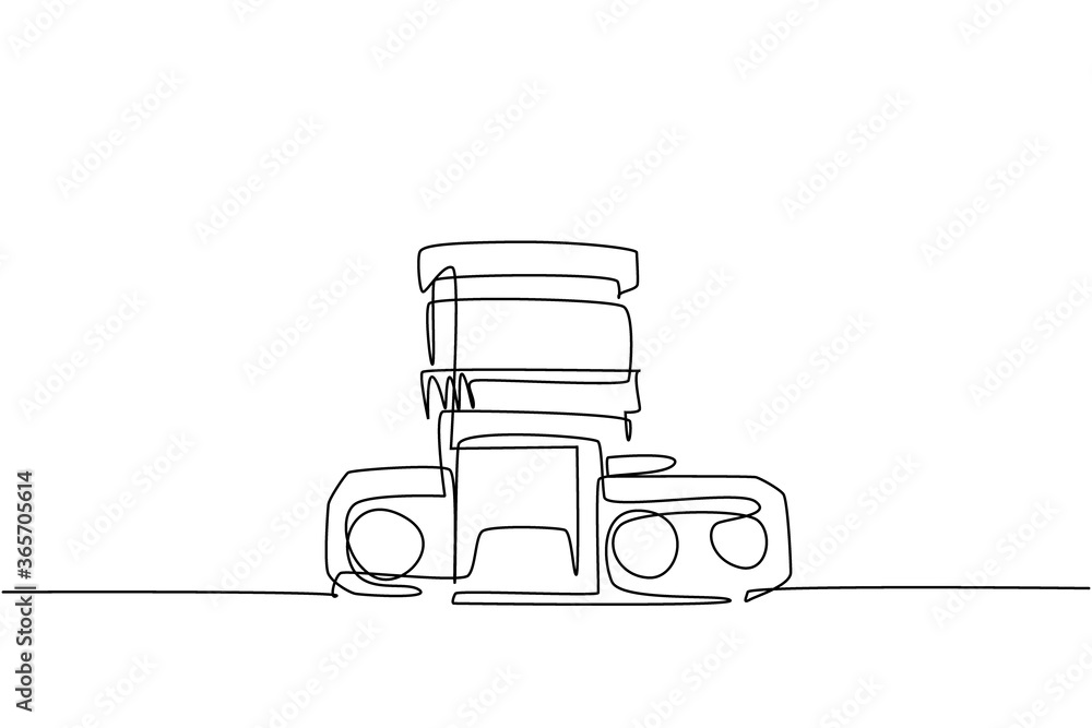 Aufkleber one continuous line drawing of old retro vintage analog slr camera with kit lens from top view. vint