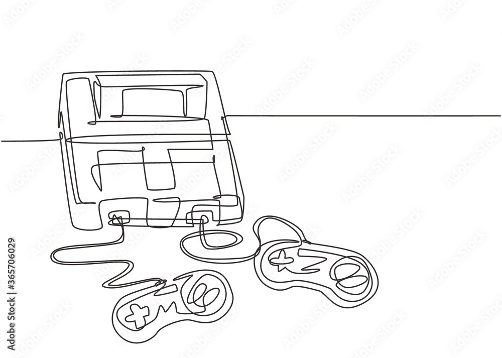 Poster one continuous line drawing of retro old classic arcade video game player with controller. vintage c