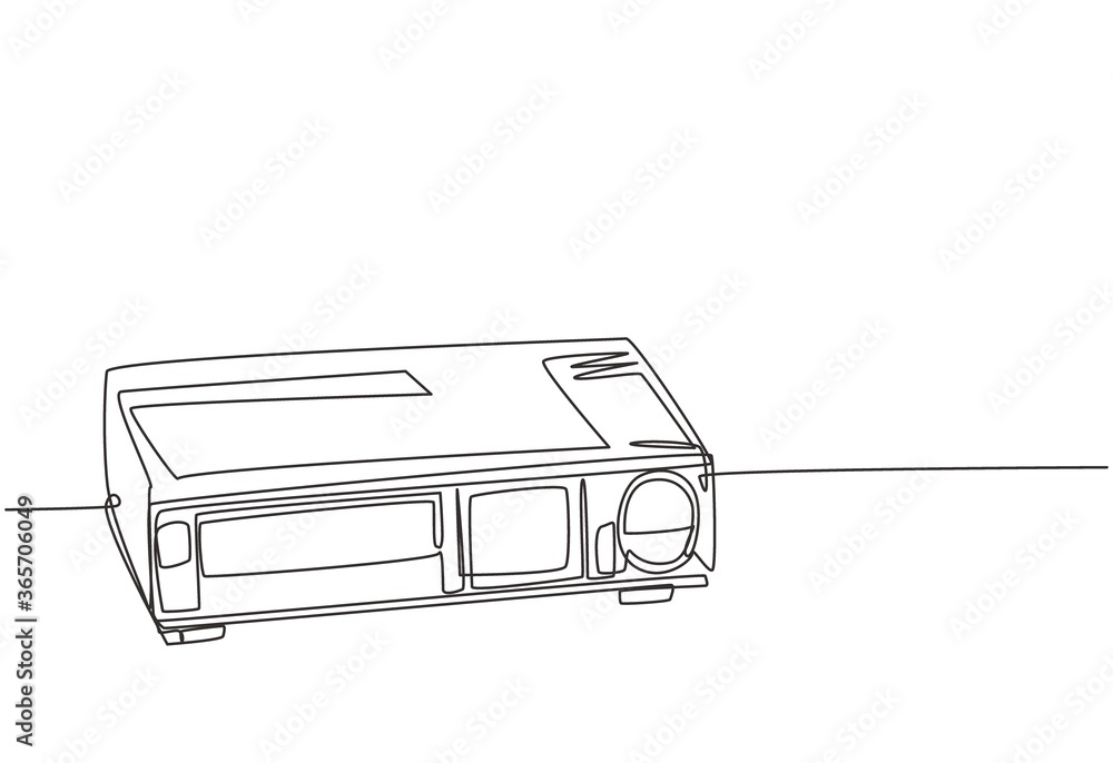Poster single continuous line drawing of retro old classic video player. vintage analog vhs video machine c