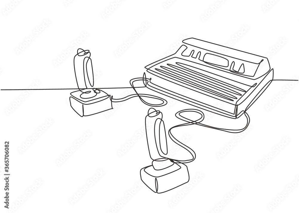 Poster one continuous line drawing set of retro old classic console video game player machine with joystick