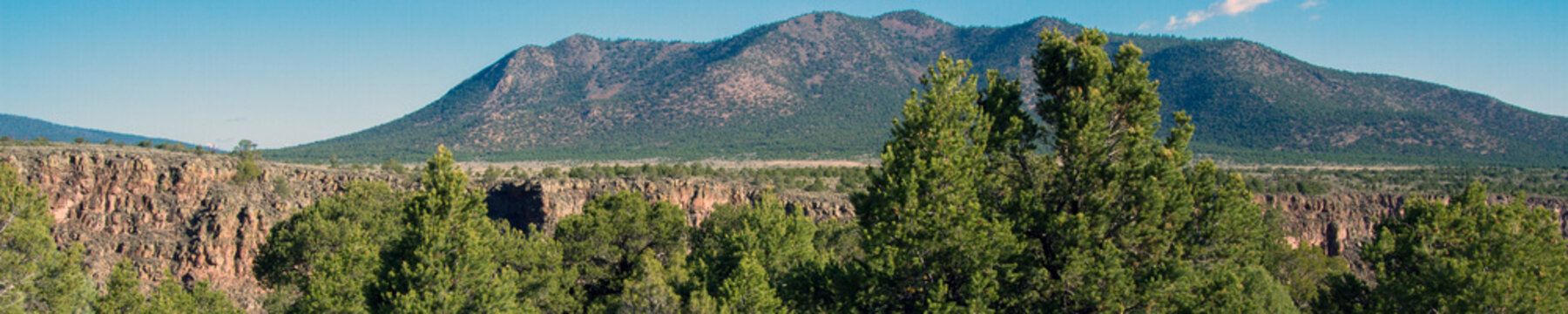 Ultra-wide panorama of pinyon-juniper woodland along the Rio Grande in Rio Grande del Norte National Monument in New Mexico