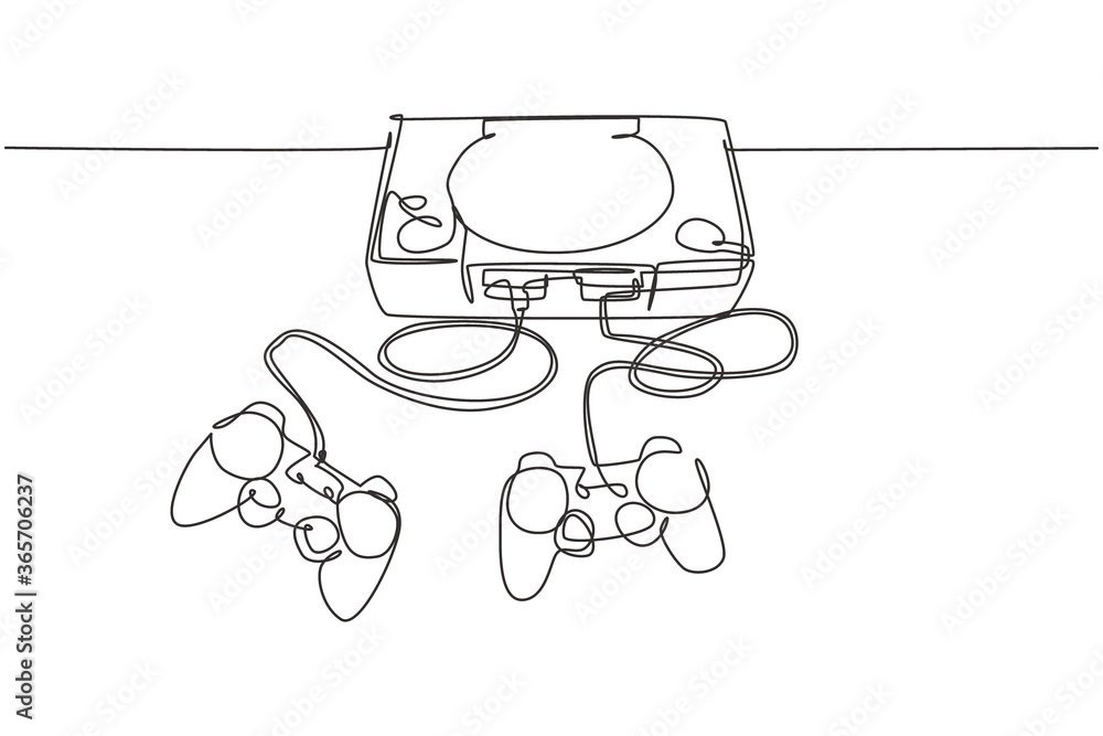 Poster one continuous line drawing of retro old classic arcade video game player with joystick. vintage con