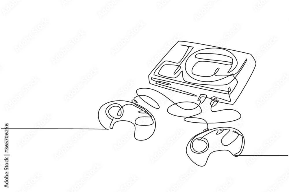 Poster single continuous line drawing of retro old classic arcade video game player with cassette. vintage 