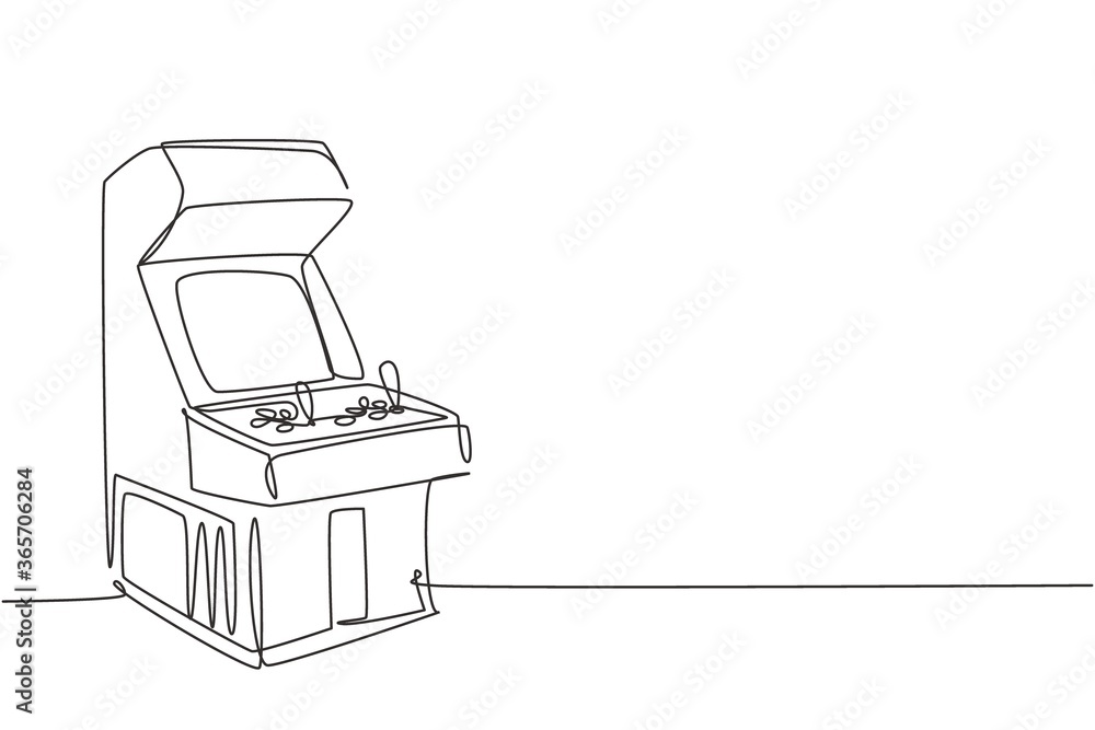 Poster one single line drawing of old retro classic arcade video game machine at game center. vintage coin 