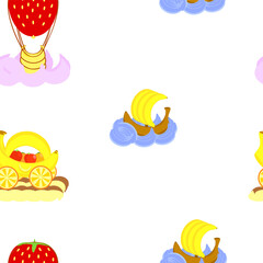 Transport colourful vector seamless pattern with fruit cars, ships, balloons. Clouds, wawes, road.
