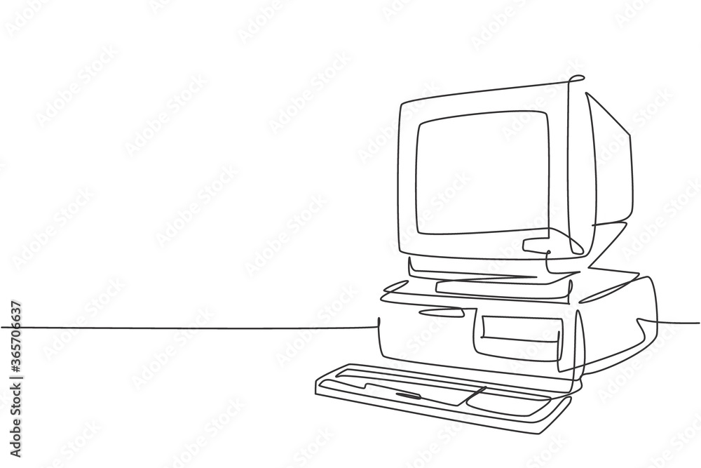 Poster single continuous line drawing of retro old classic personal computer processor unit. vintage cpu wi