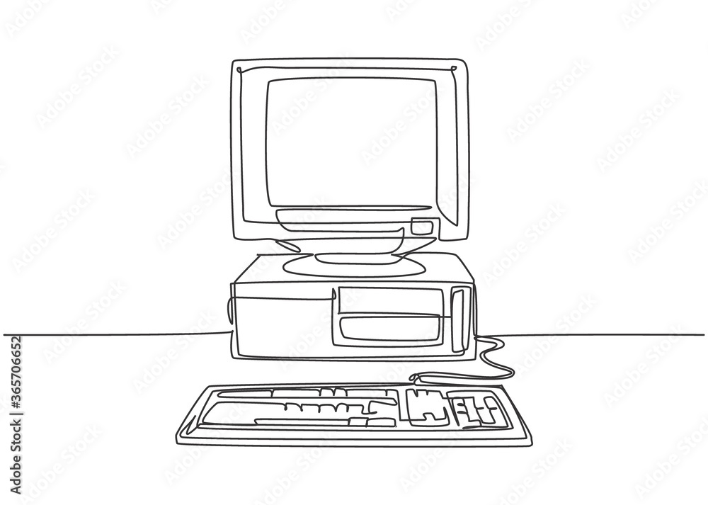 Poster single continuous line drawing of retro old classic personal computer processor unit. vintage cpu wi