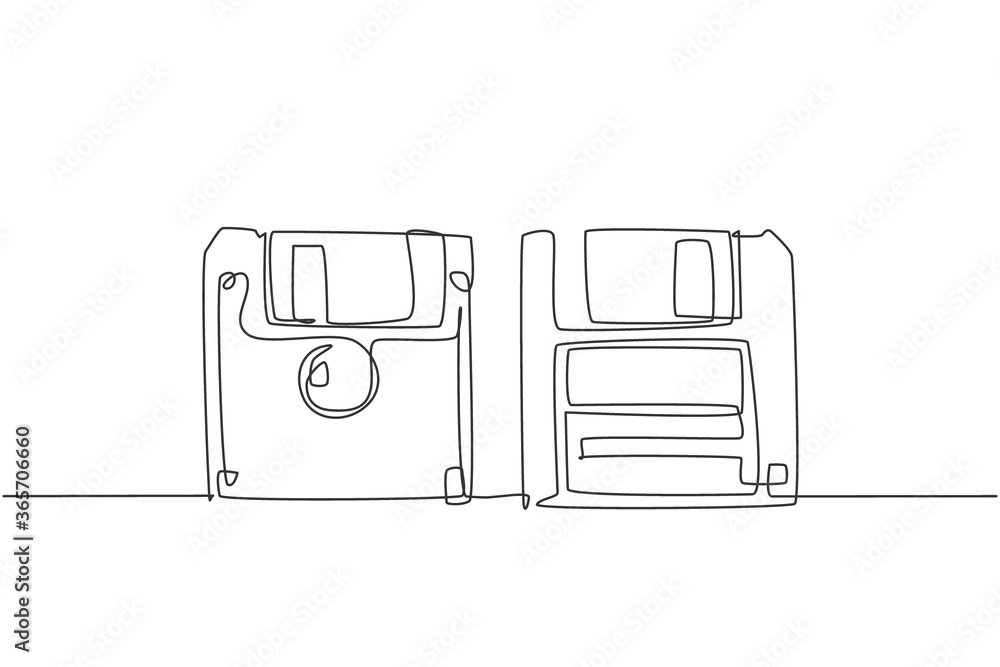 Aufkleber one single line drawing of retro old classic 3.5 inch floppy disk front and back side. vintage file 
