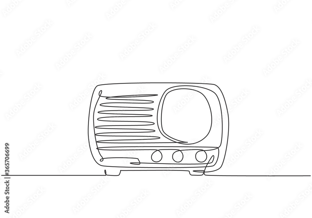 Poster one continuous line drawing of retro old classic radio player. vintage analog audio speaker item con