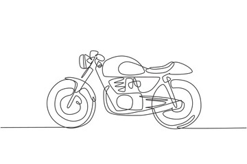 Naklejka premium One continuous line drawing of retro old vintage motorcycle icon. Classic motorbike transportation concept single line draw graphic design vector illustration