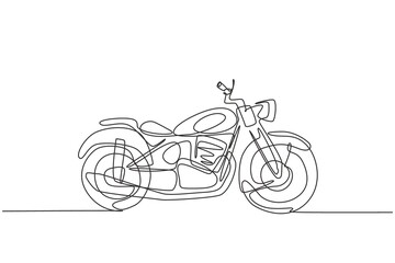 Single continuous line drawing of old classic vintage chopper motorcycle symbol. Retro motorbike transportation concept one line draw design graphic vector illustration
